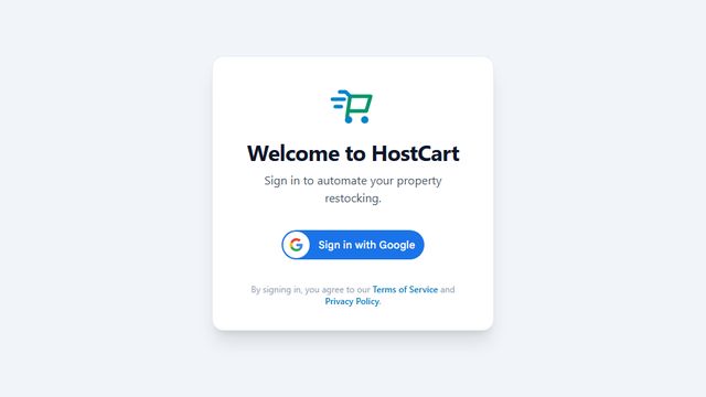 HostCart sign-in screen: property-restocking automation behind a Sign in with Google button.