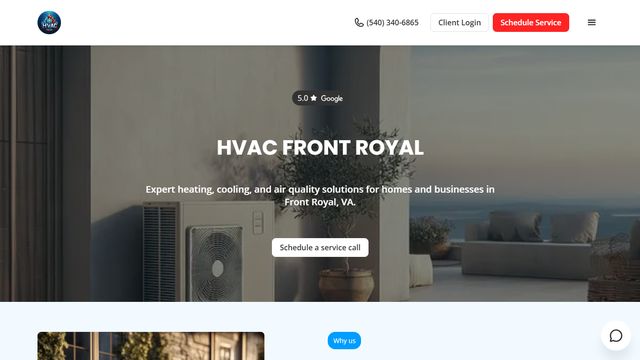 HVAC Front Royal website: heating and cooling hero photograph with a five-star Google rating badge and a schedule-a-service-call button.
