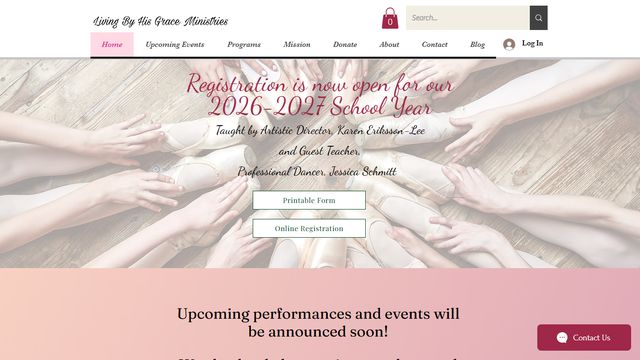 Living By His Grace Ministries website: ballet season registration notice set over a photograph of dancers&rsquo; joined hands.