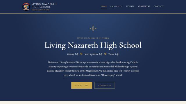 Living Nazareth High School website: navy homepage with the school crest and an introduction to its classical Catholic curriculum.