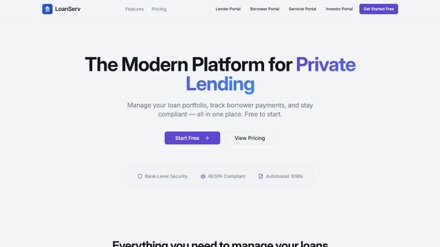 LoanServ website: a &ldquo;Modern Platform for Private Lending&rdquo; hero with lender, borrower, servicer, and investor portal links.