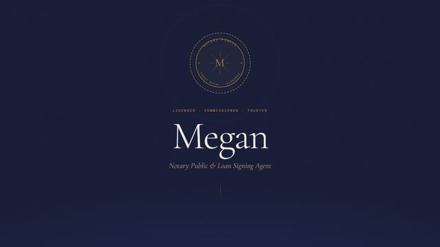 Megan Hart Notary Public website: minimal monogram homepage for a mobile notary and loan-signing practice.