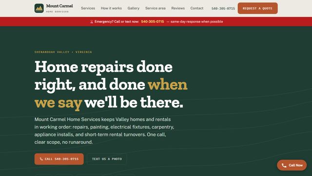 Mount Carmel Home Services website: green homepage promising same-day response for home repairs, maintenance, and turnovers.