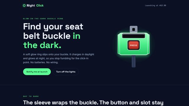 NightClick product website: a glow-in-the-dark seat-belt buckle ring shown illuminated in a dark car interior.