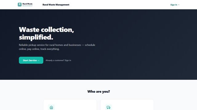 Rural Waste Management website: a &ldquo;Waste collection, simplified&rdquo; hero with online scheduling and pay-online calls to action.