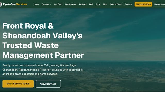 Zip-A-Dee Services website: waste-collection hero over a Shenandoah Valley landscape, with service-area copy and booking buttons.